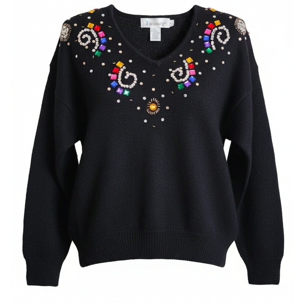 Diversity L Black Vintage 80's Embellished Sweater‎ Rhinestone Beaded Pearl